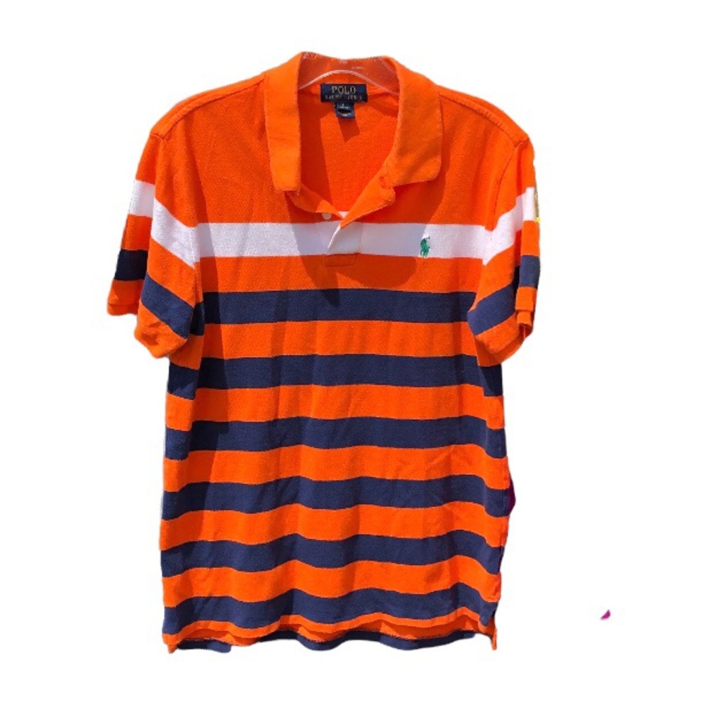 POLO Boys L 14-16 Ralph Lauren Stripe Orange Blue White Collar Shirt